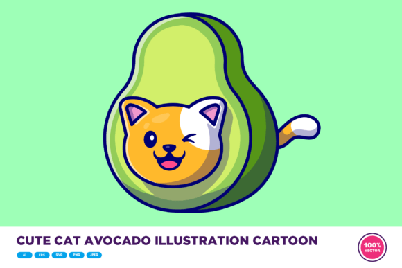 Download Cute Cat Avocado Illustration Cartoon - Cartoon Collection